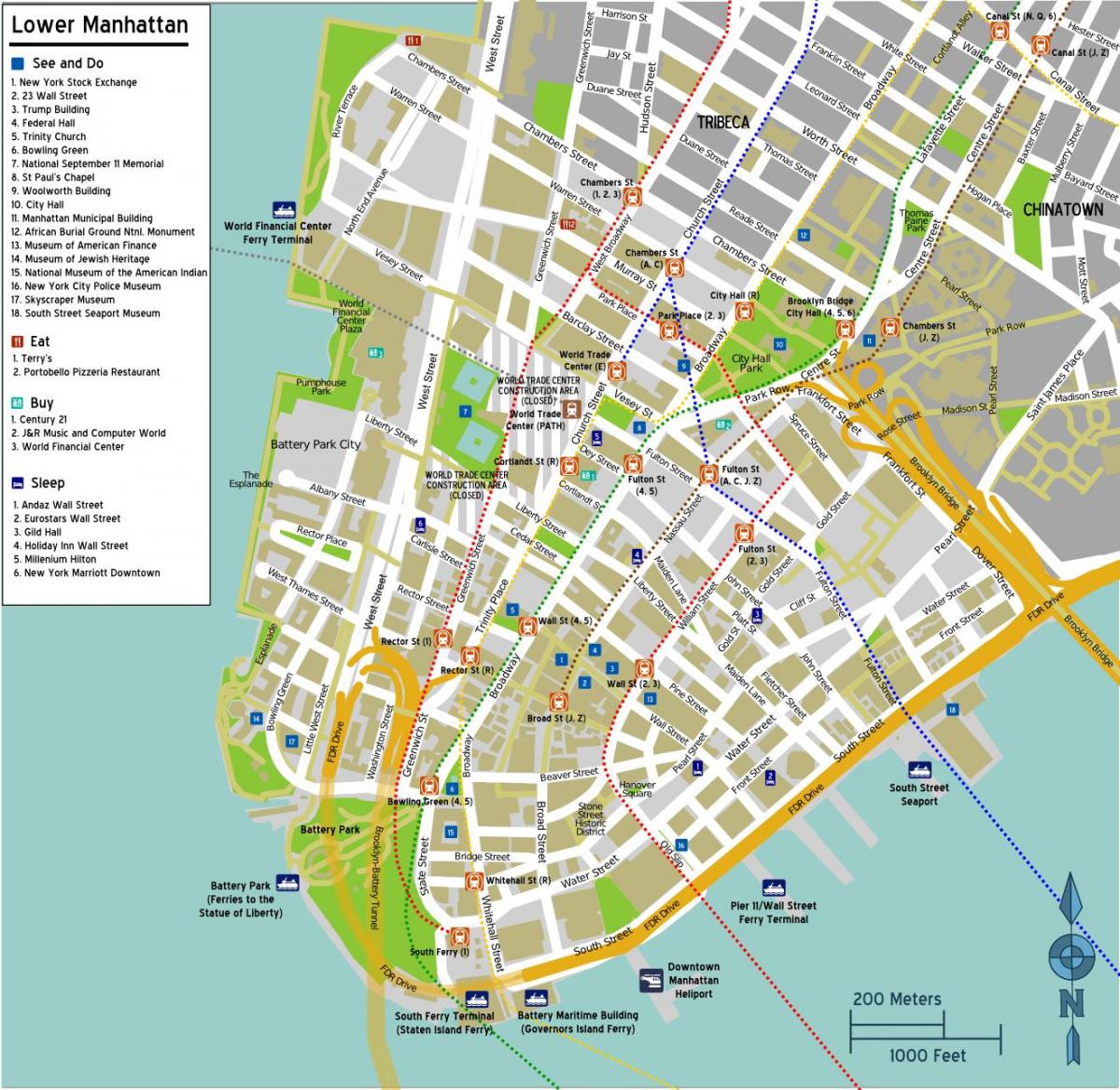 mapa lower Manhattan street izenak